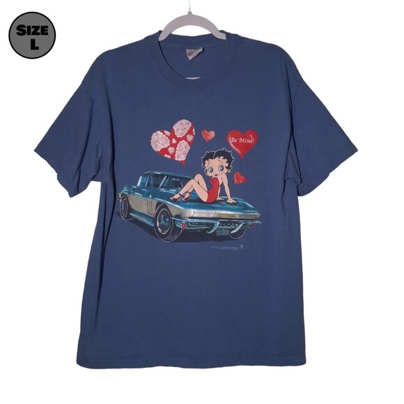 Betty Boop Be Mine USED Shirt (DISTRESSED, L, Blue, 2003, Y2K, Car, Hearts) - Picture 1 of 9